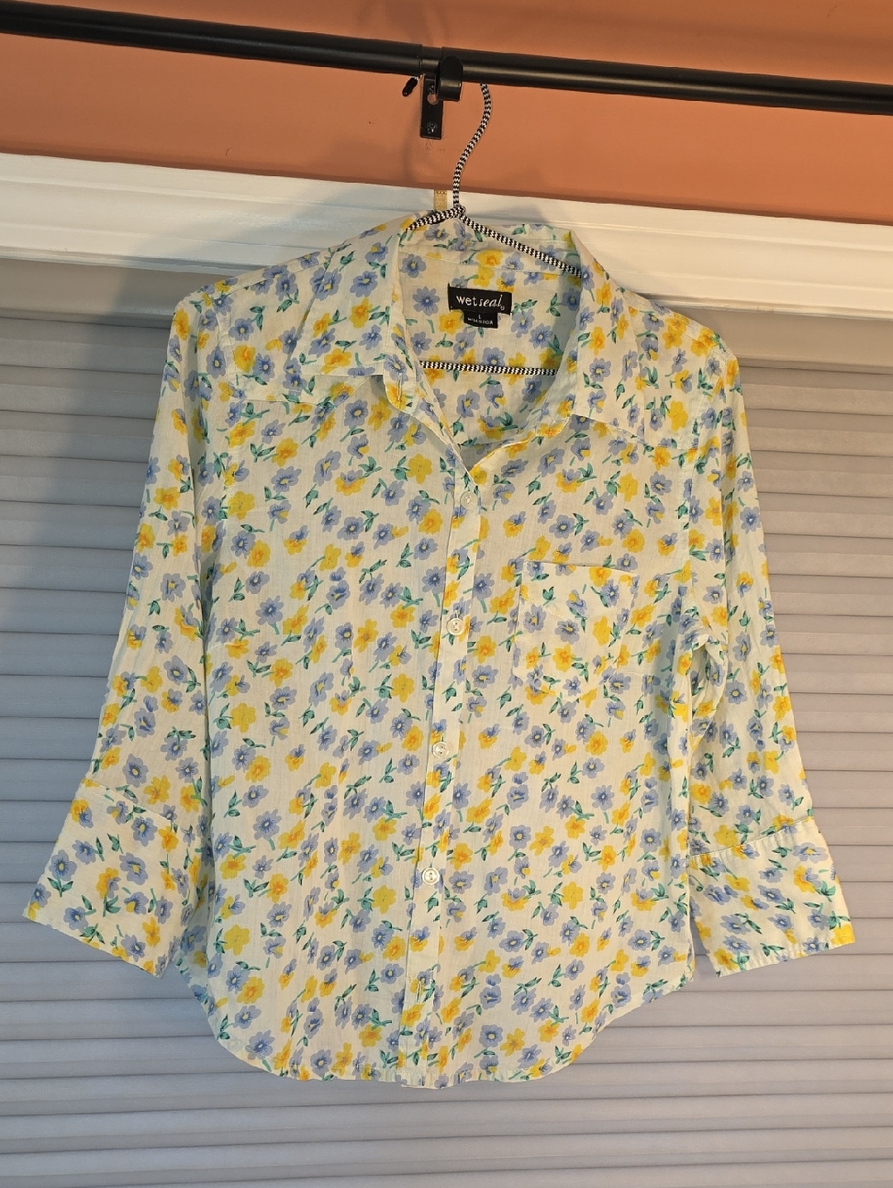 Wet Seal White Button-Down Shirt with Yellow and Blue Floral Print